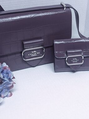Coach Croc-Embossed Leather Shoulder Bag and Mini Wallet in Amethyst